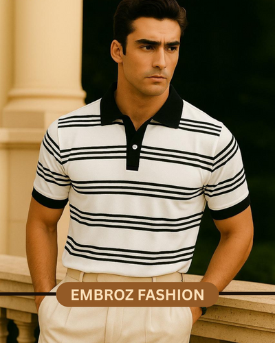 OLD MONEY STRIPE ZIPPED PRINTED COLLAR T-SHIRT
