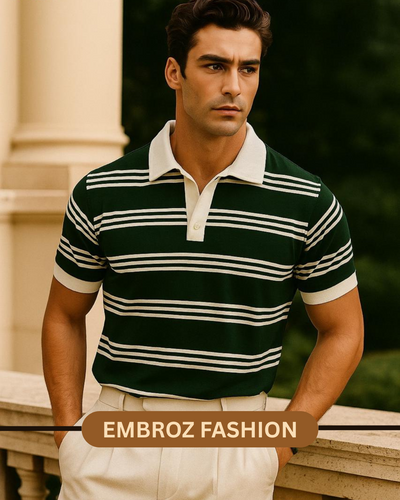 OLD MONEY STRIPE ZIPPED PRINTED COLLAR T-SHIRT