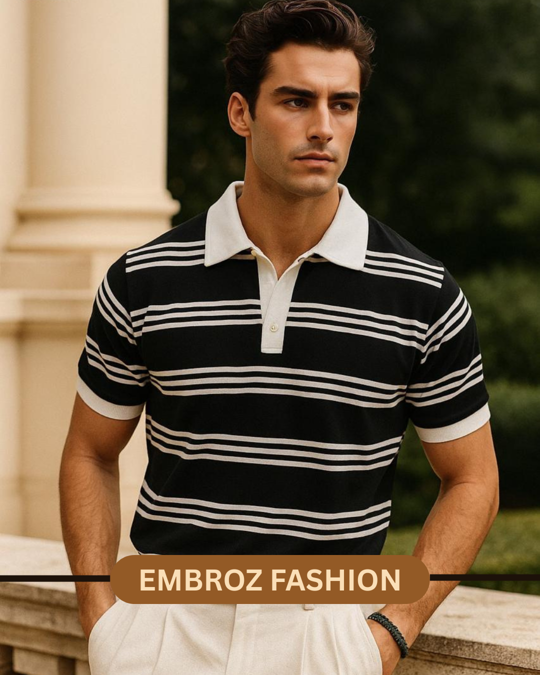 OLD MONEY STRIPE ZIPPED PRINTED COLLAR T-SHIRT