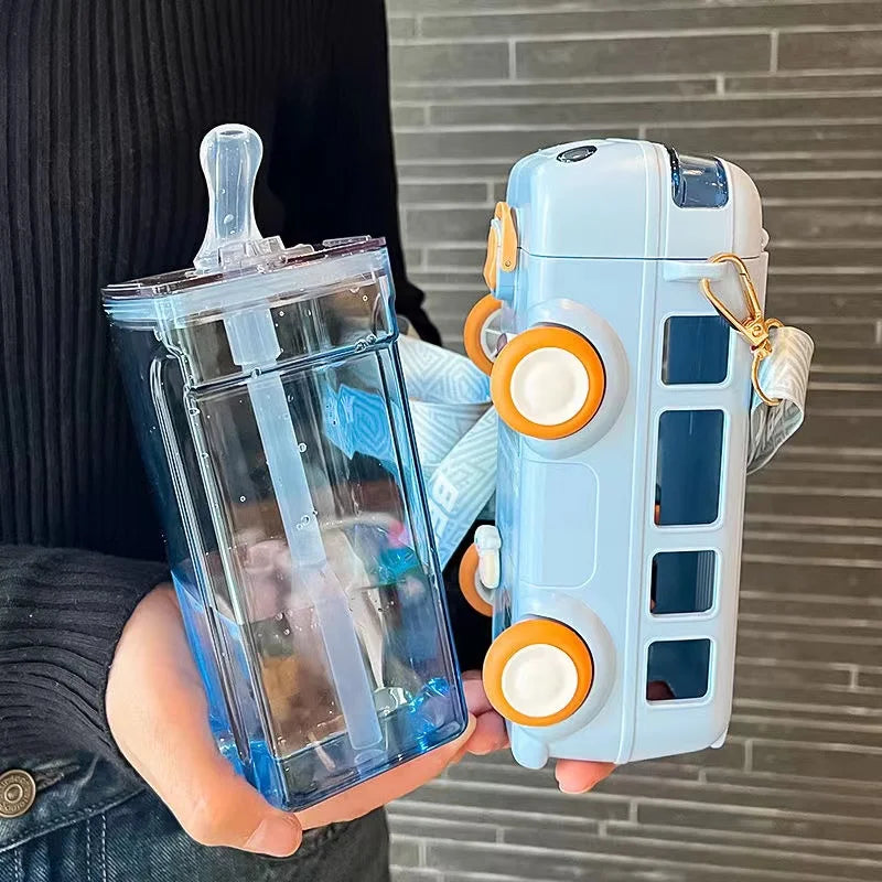 Unique Bus Shape Water Bottle With Straw - 600 ML