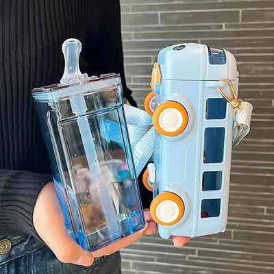 Unique Bus Shape Water Bottle With Straw - 600 ML